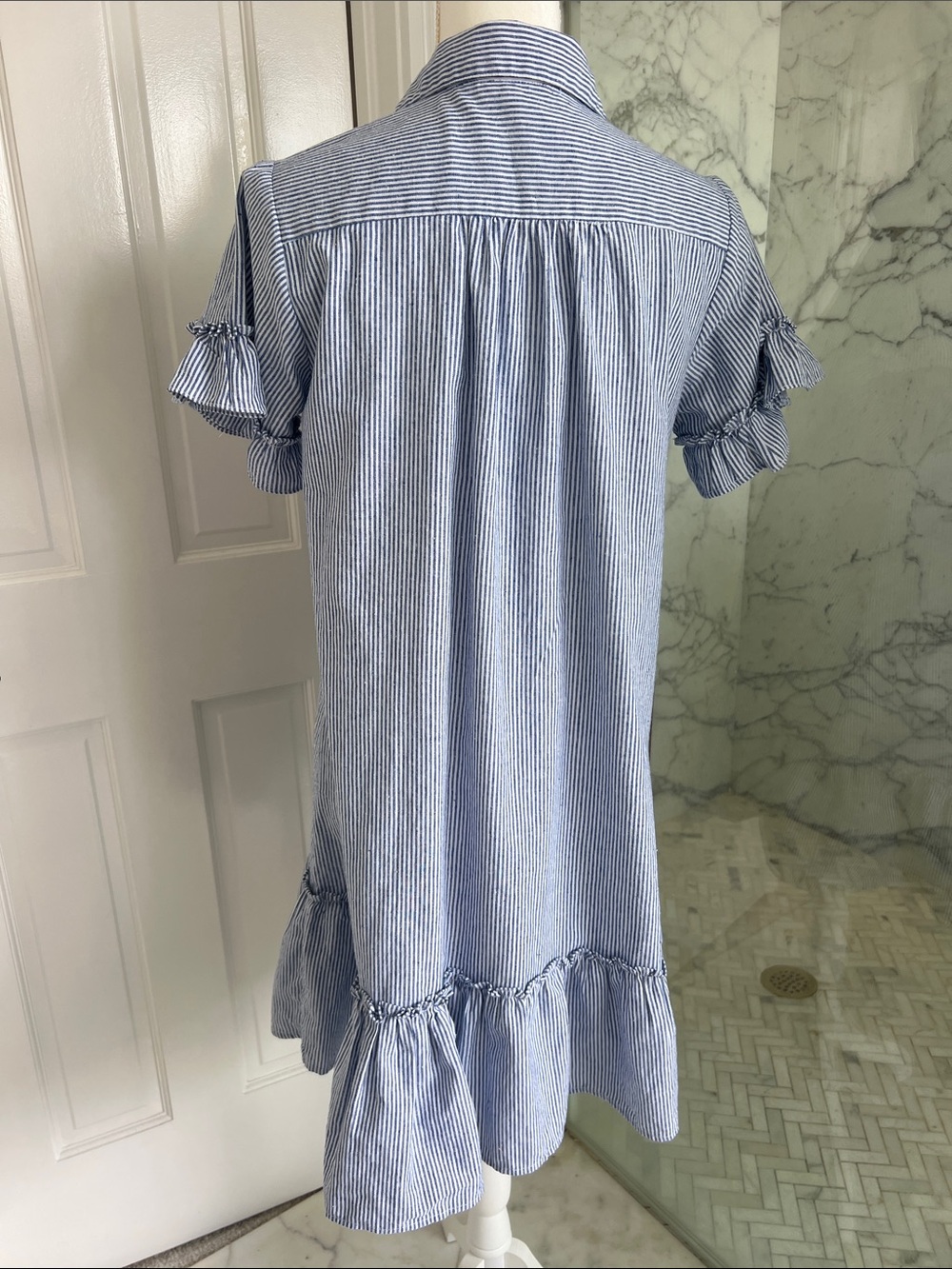 Womens Blue Striped Button-Front Ruffle Hem Dress - Picture 3 of 9